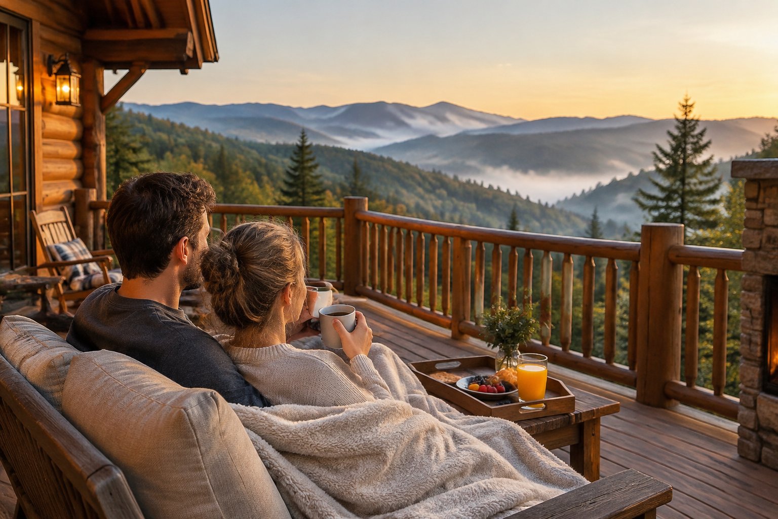 A couple shares coffee on a cabin deck overlooking misty mountain ridges.