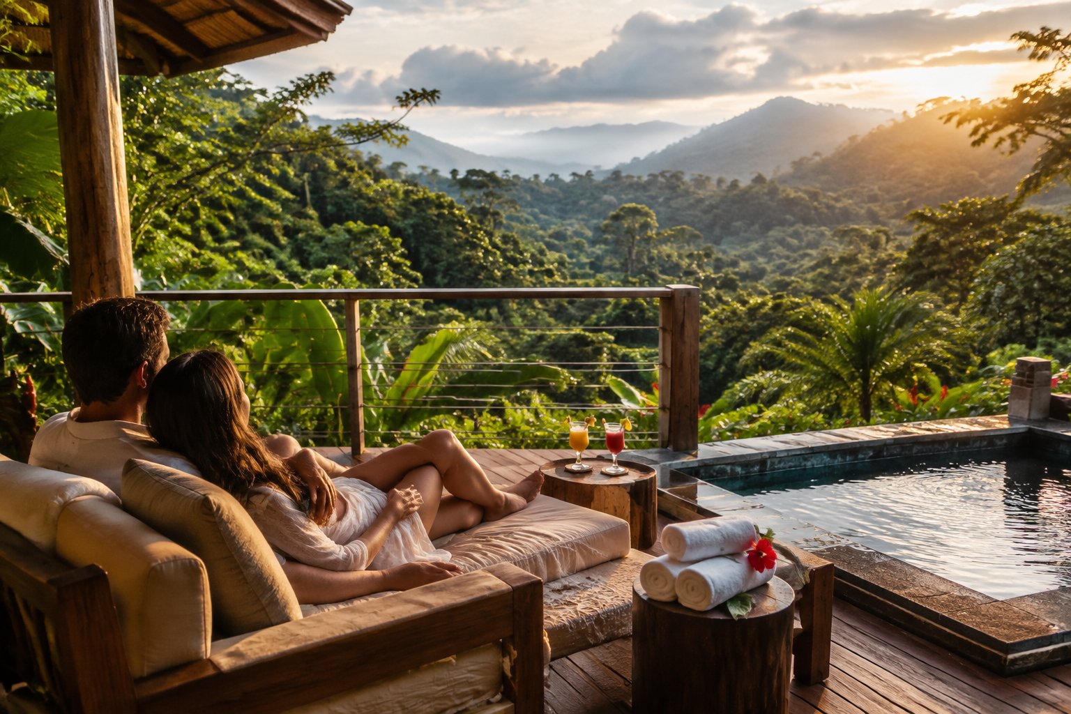 A couple relaxes on a lodge terrace overlooking the Costa Rican rainforest.