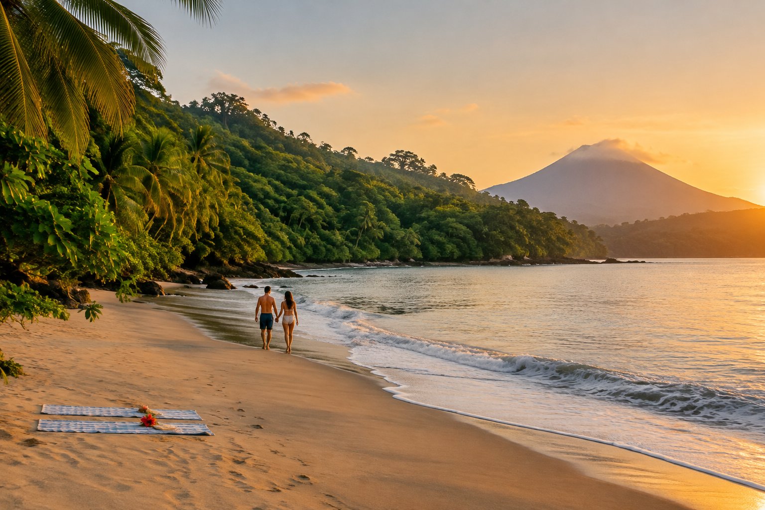 A couple walks hand in hand on a tropical beach with rainforest and a distant volcano.