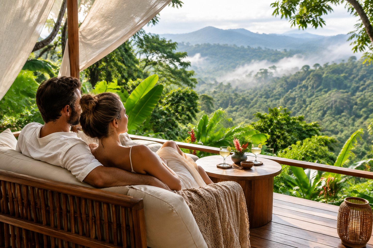 A couple relaxes together on a terrace overlooking Costa Rica’s lush rainforest.