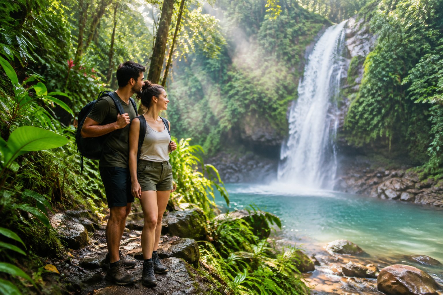 A newlywed couple pauses together beside a waterfall in a lush Costa Rican rainforest.