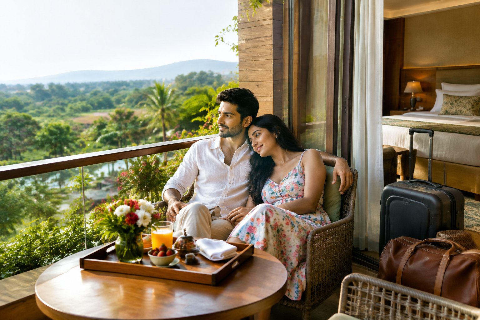 A newlywed couple relaxes together on a resort balcony overlooking a garden.
