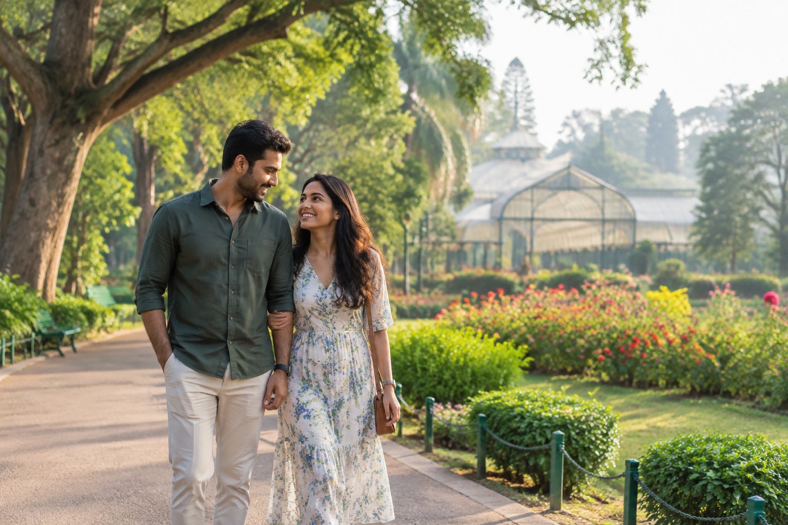 A couple strolls through a flower-filled garden in Bangalore.