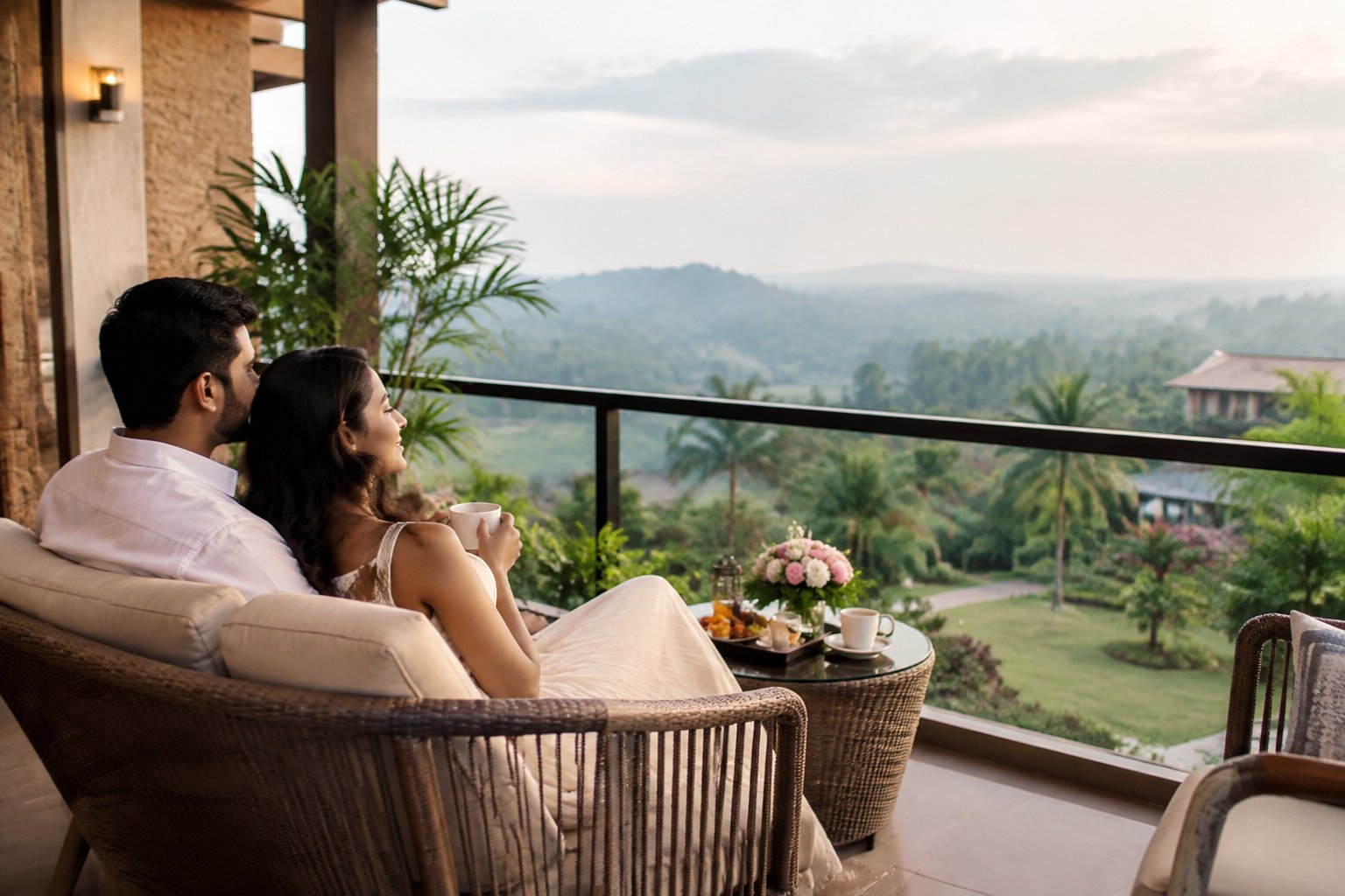 A couple relaxes together on a resort terrace overlooking green gardens.