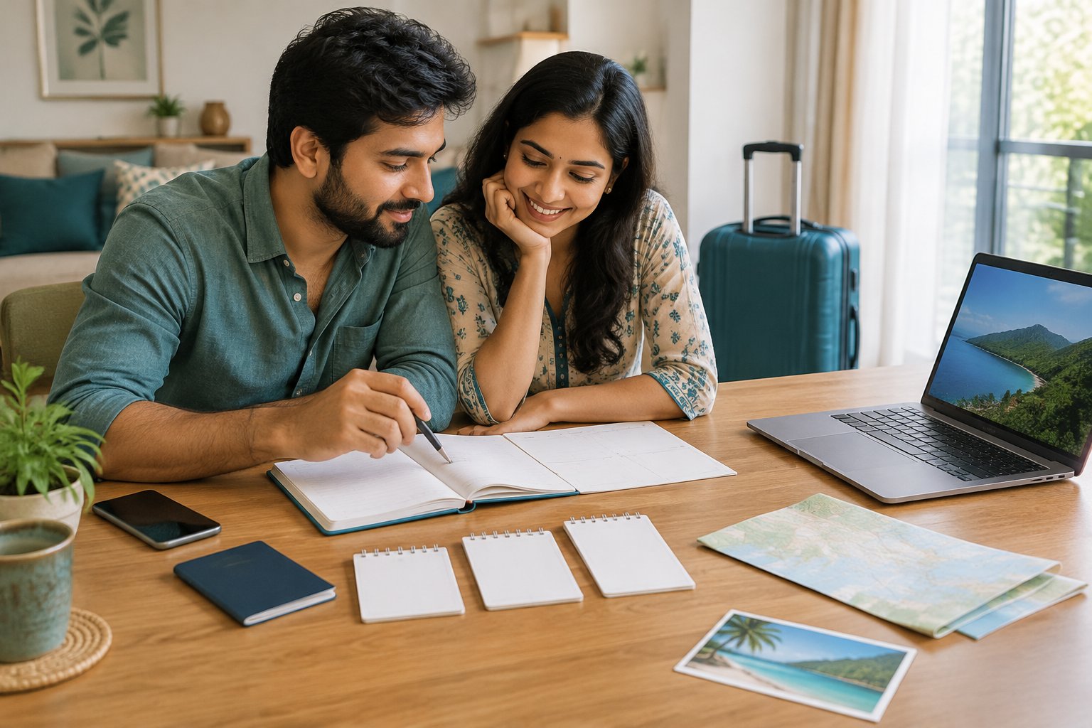 A couple sits together planning a romantic trip at a table with travel items.