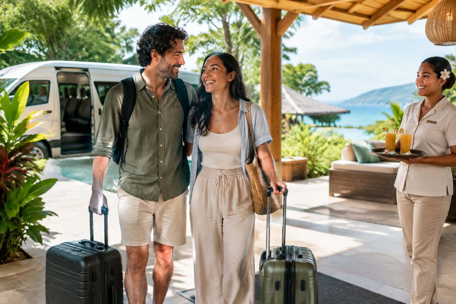 A newlywed couple arrives at a tropical resort with their luggage.