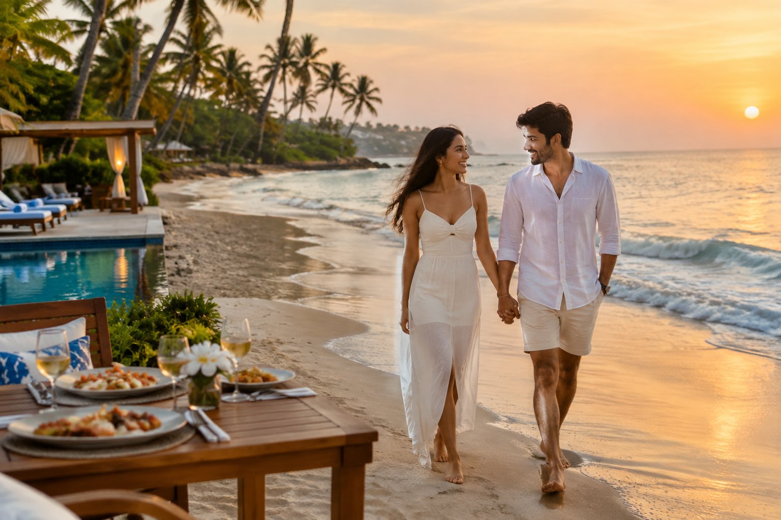 A newlywed couple walks along a Goan beach beside a resort terrace set for two.