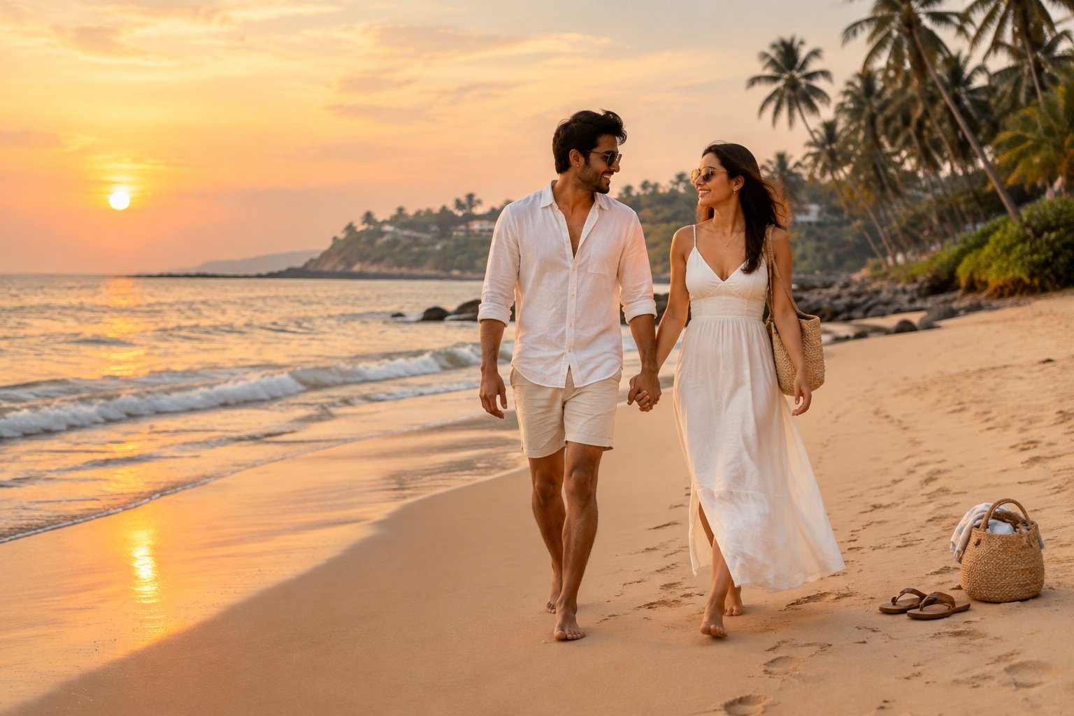 A couple strolls hand in hand along a tropical beach in Goa.