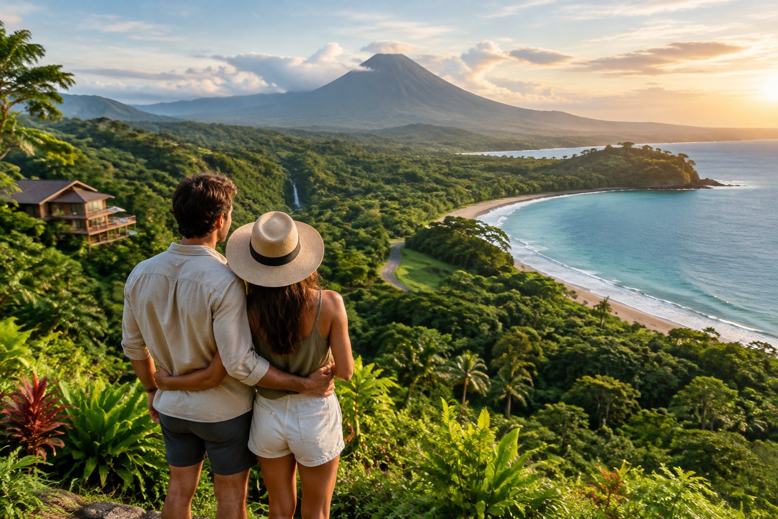 A newlywed couple looks out over a Costa Rican rainforest, volcano, and Pacific coastline.