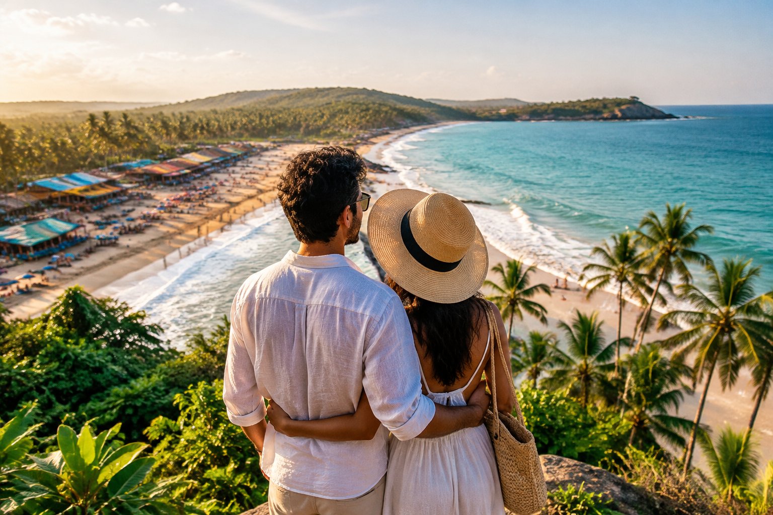 A couple stands together overlooking two contrasting Goan beach scenes.