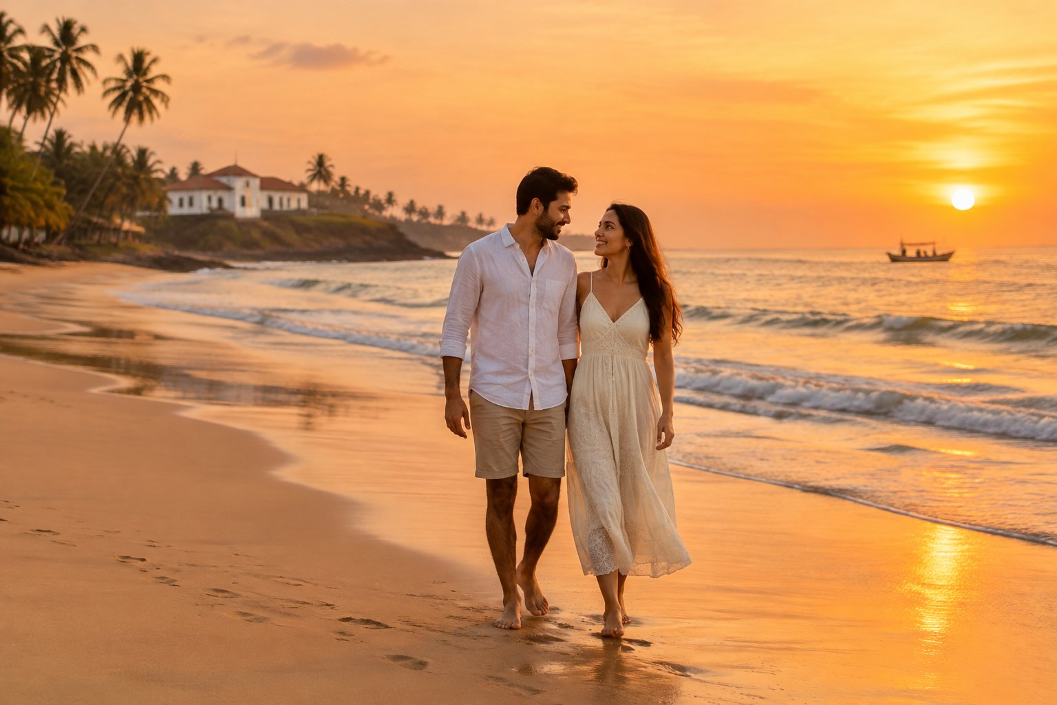 A newlywed couple walks together along a Goan beach at sunset.