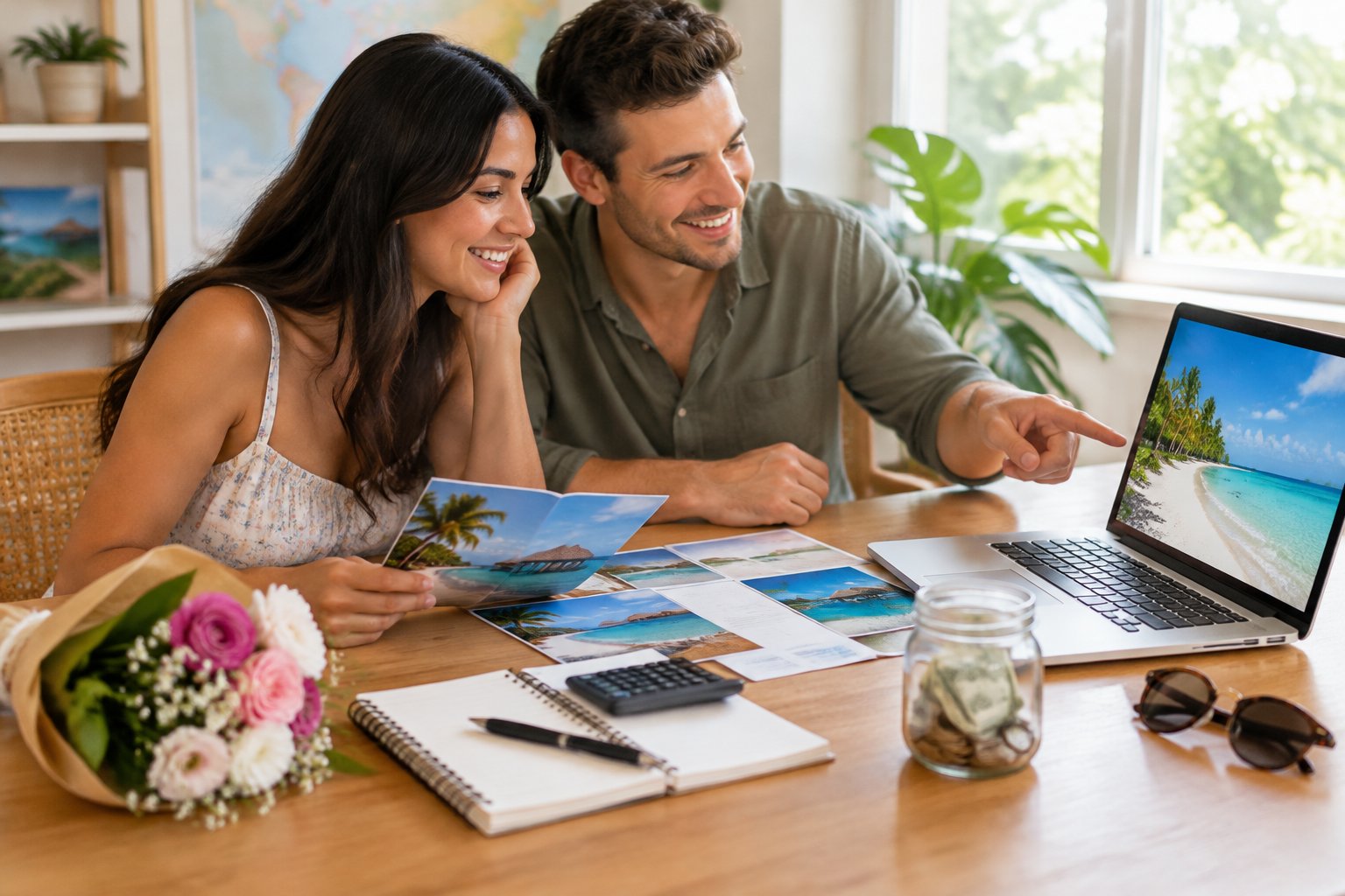 A couple compares honeymoon travel options at a table.