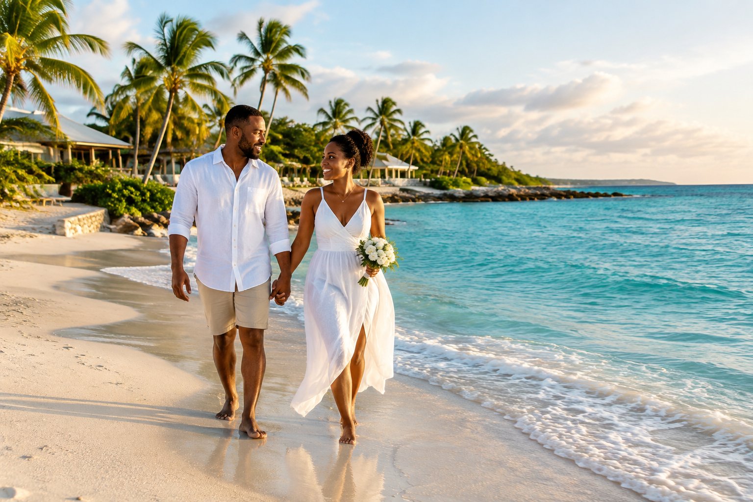 A newlywed couple walks together along a turquoise Caribbean beach.