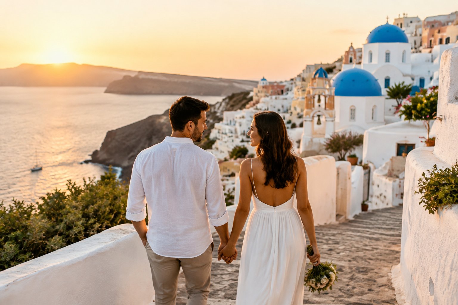 A newlywed couple walks hand in hand along a scenic coastal village lane.
