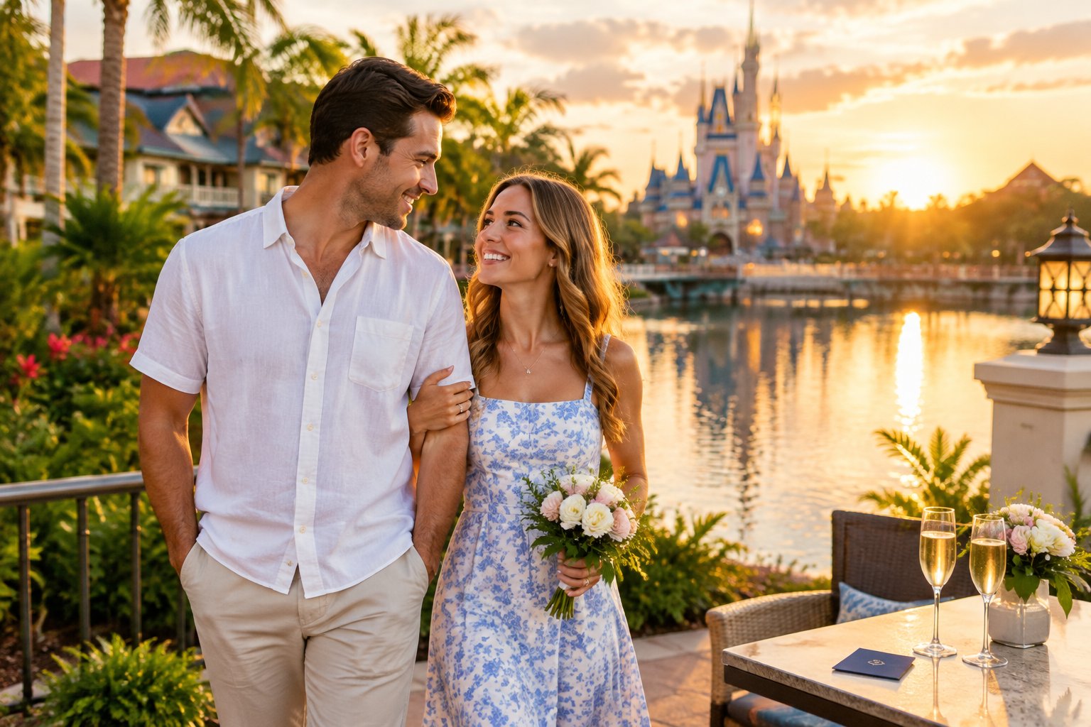 A newlywed couple strolls together at a resort with a fairytale castle in the distance.
