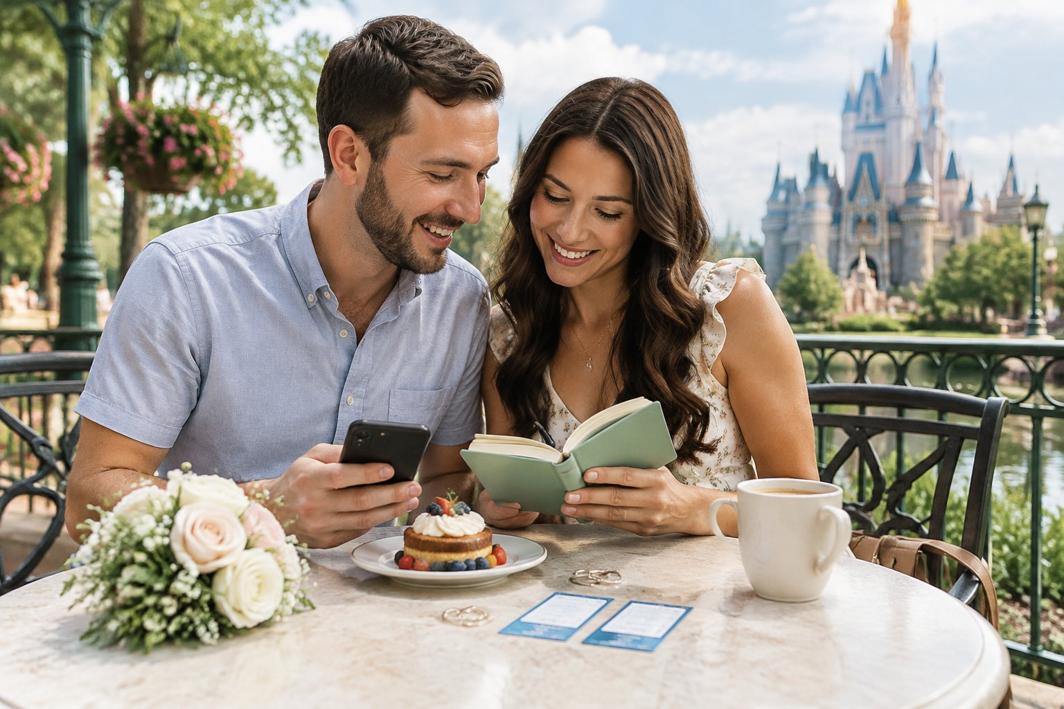 A newlywed couple reviews vacation plans together at an outdoor café near a theme park.