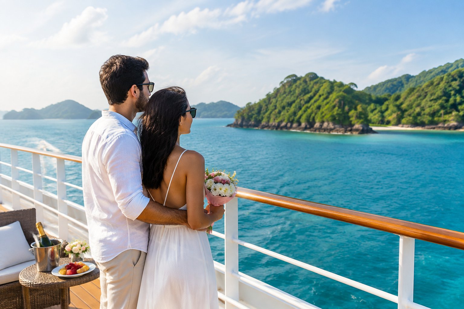 A newlywed couple stands together on a cruise deck overlooking the turquoise waters and green islands of the Andaman Sea.