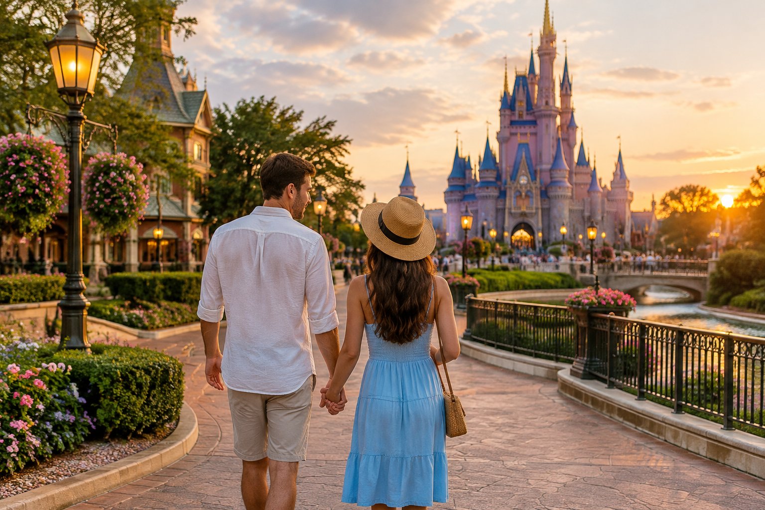 A newlywed couple walks hand in hand toward a fairytale-style castle at a resort.