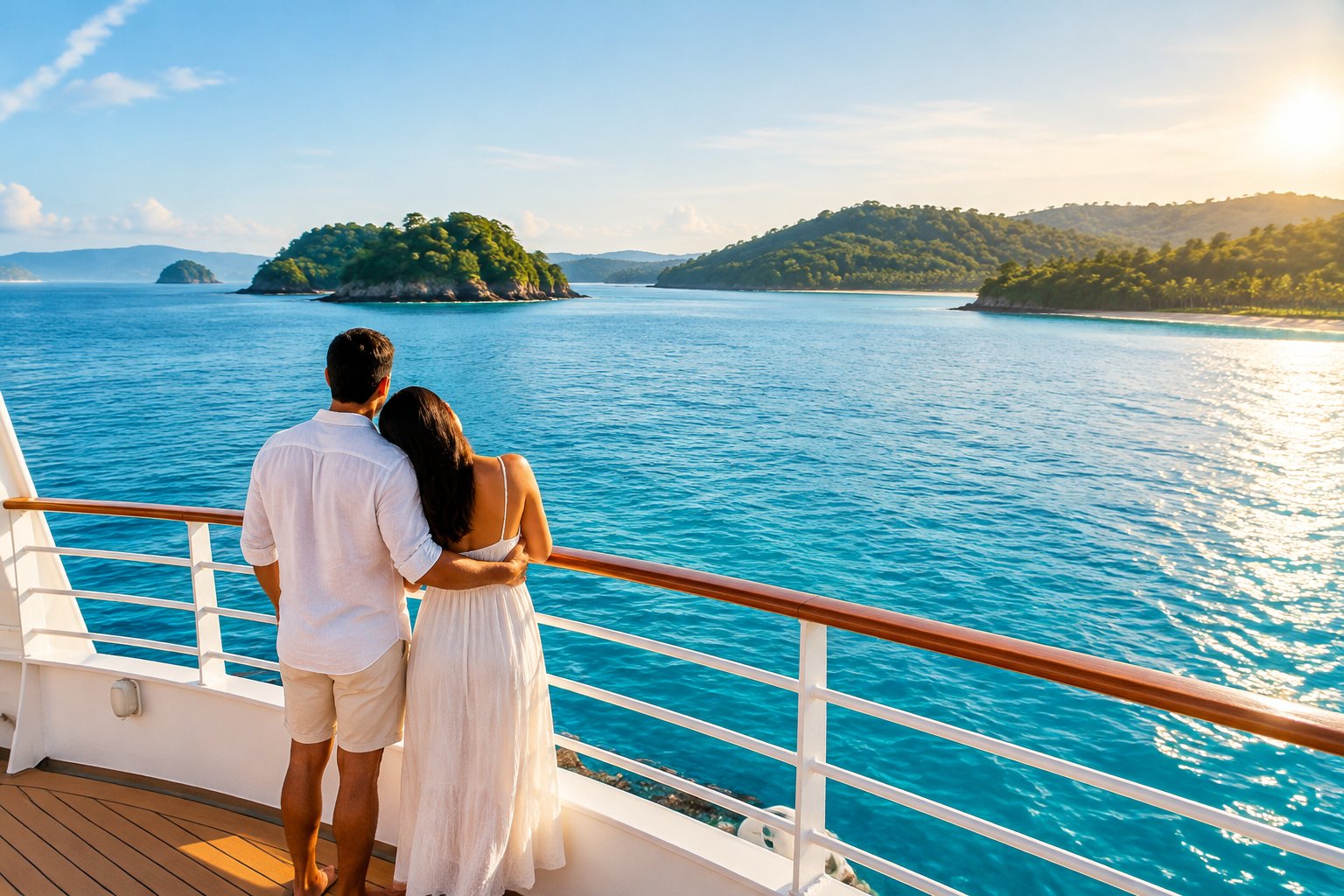 A couple stands together on a cruise boat, looking out toward tropical islands.