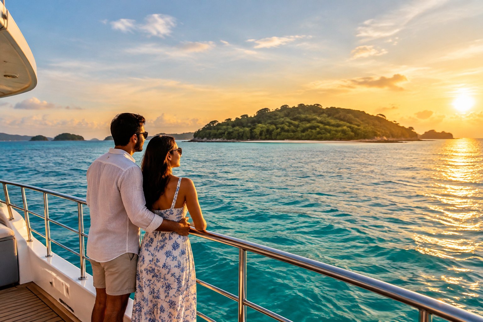 A couple on a cruise boat looking out toward a tropical island.
