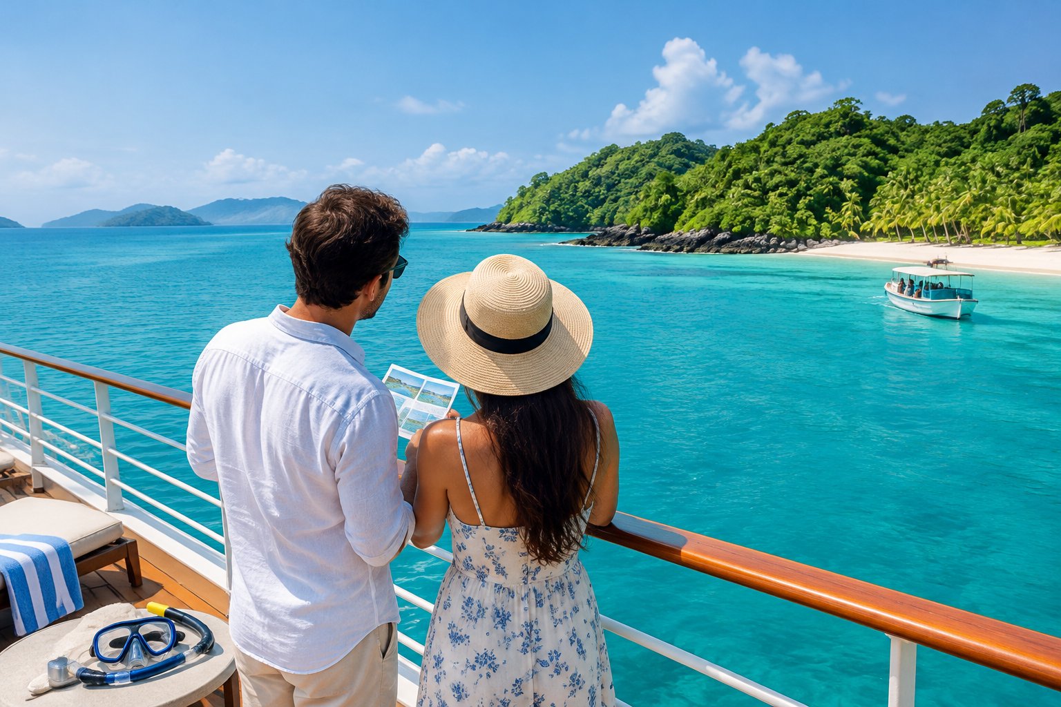 A newlywed couple stands on a cruise boat overlooking turquoise water and a tropical island.