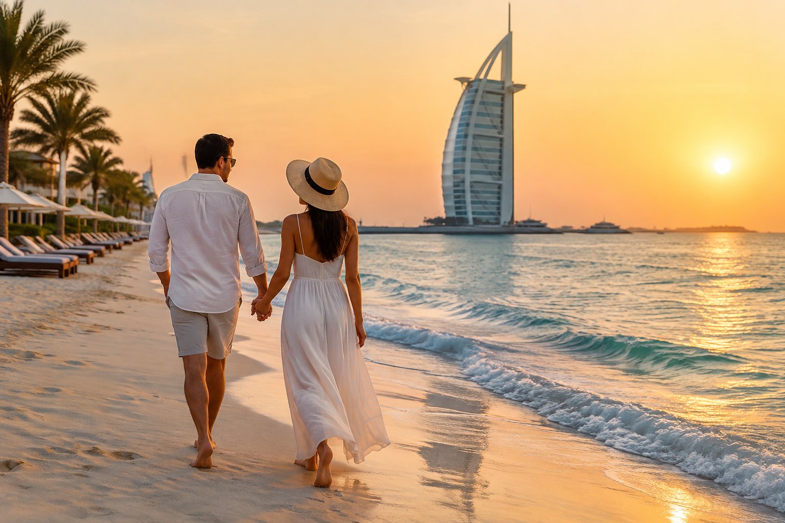 A newlywed couple walks hand in hand along a Dubai beach with the Burj Al Arab in the distance.