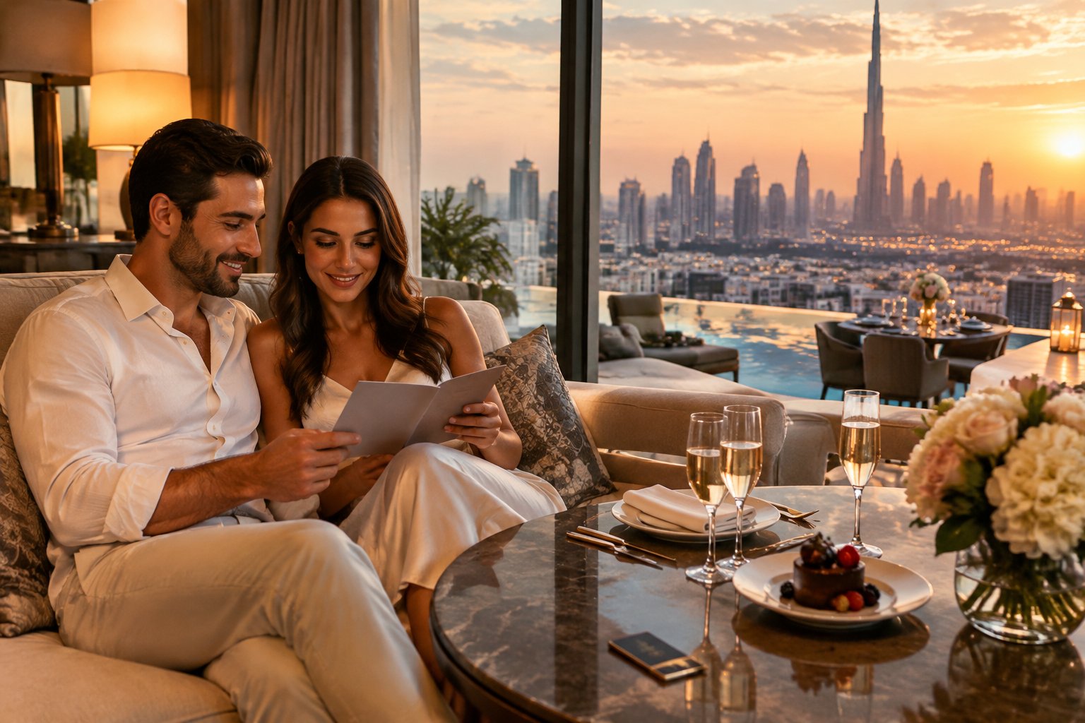 A newlywed couple relaxes in a Dubai hotel suite overlooking the city.