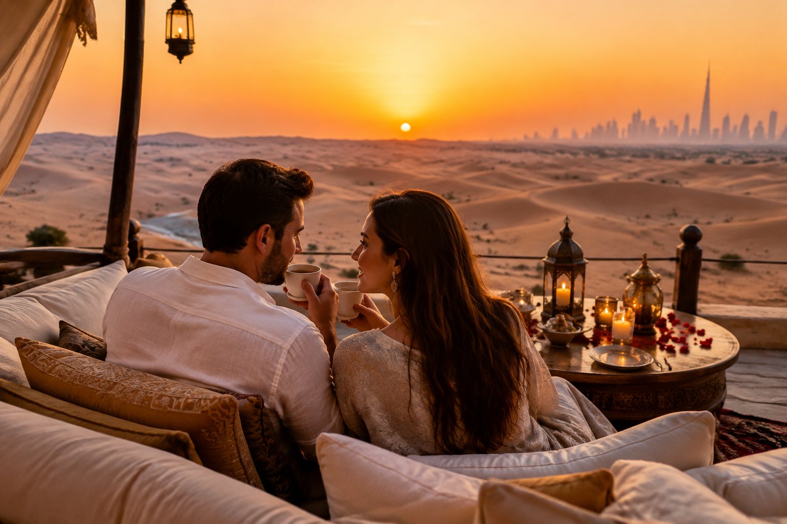 A newlywed couple shares a quiet sunset moment at a table overlooking the Dubai desert.