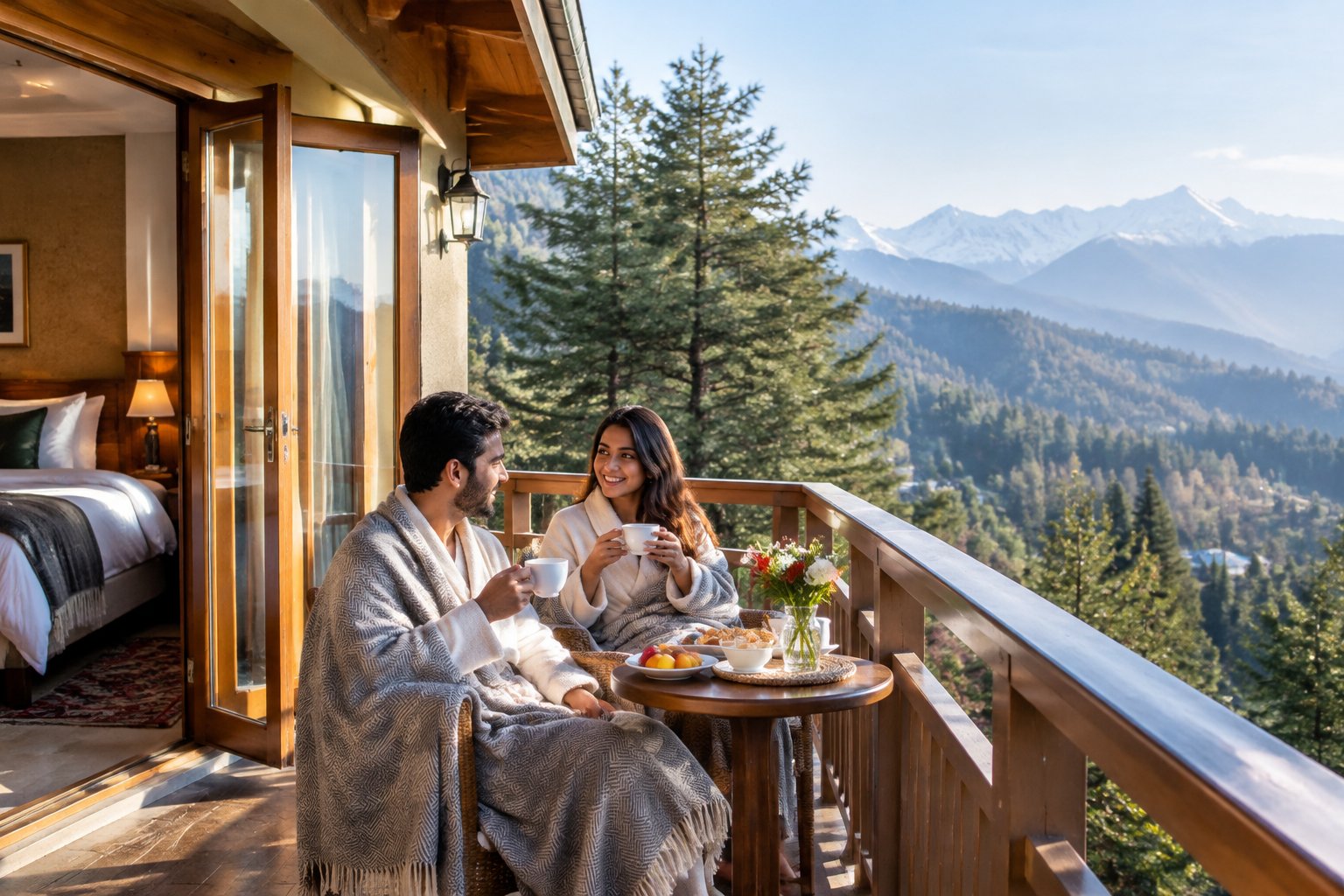 A newlywed couple shares tea on a resort balcony overlooking a forested Himalayan valley.