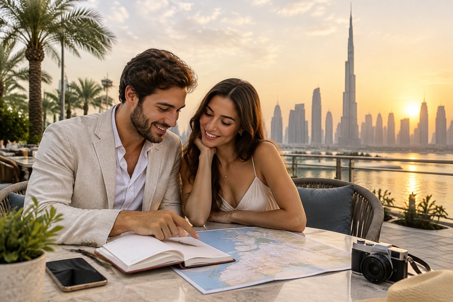 A couple plans their honeymoon at a café overlooking the Dubai skyline.