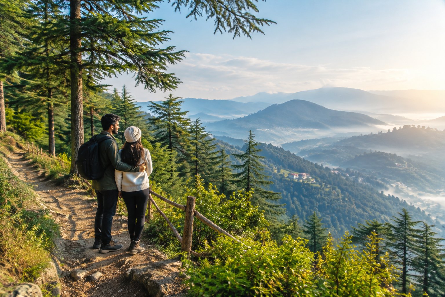 A couple walks along a forest trail overlooking the mountains in Chail.