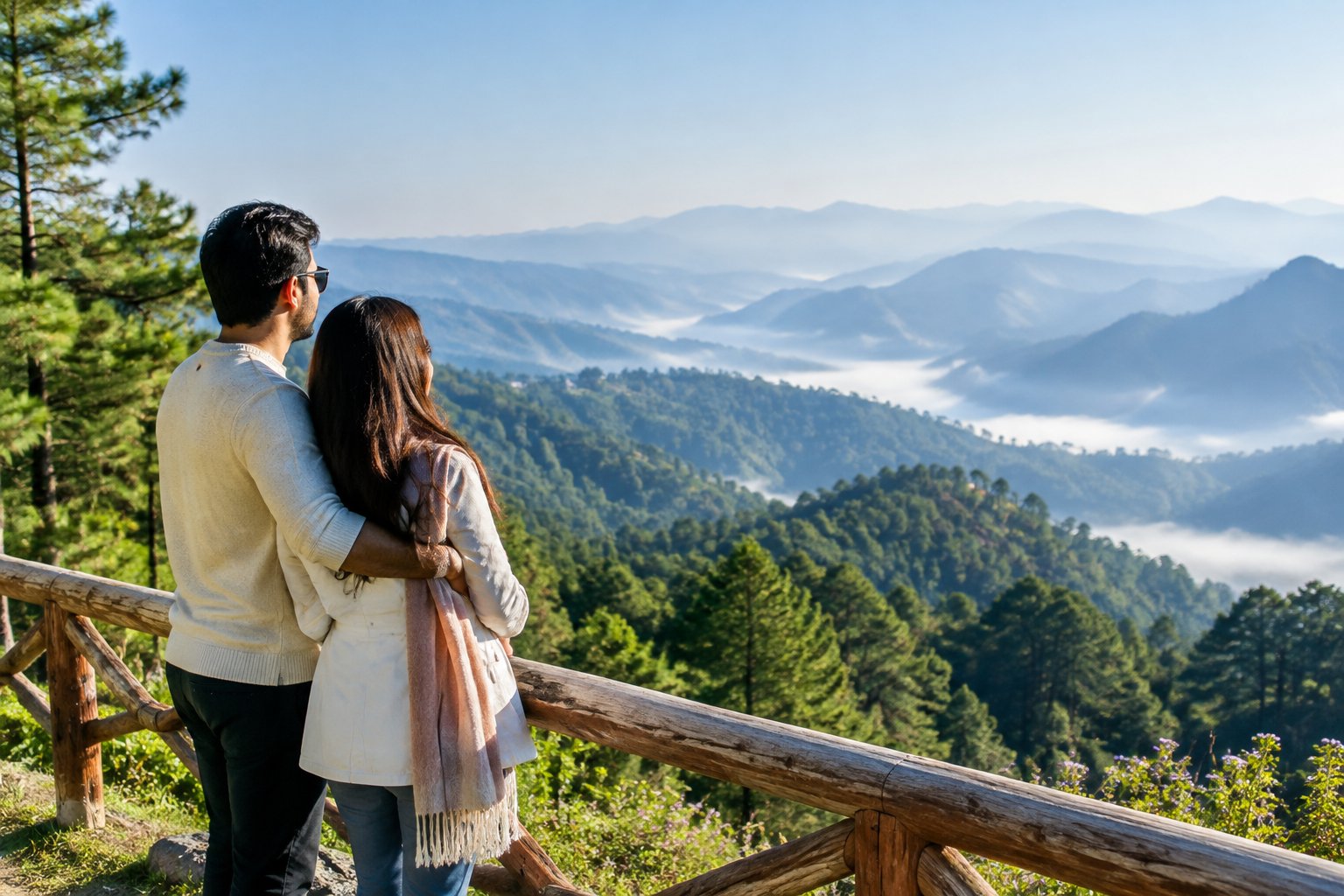 A couple looks out over misty pine-covered hills from a mountain viewpoint.