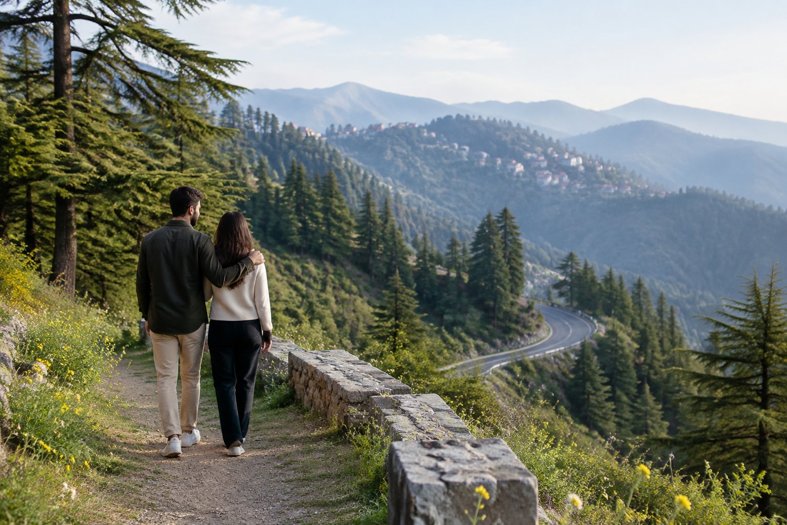 A newlywed couple walks along a mountain path overlooking forested hills and Shimla.