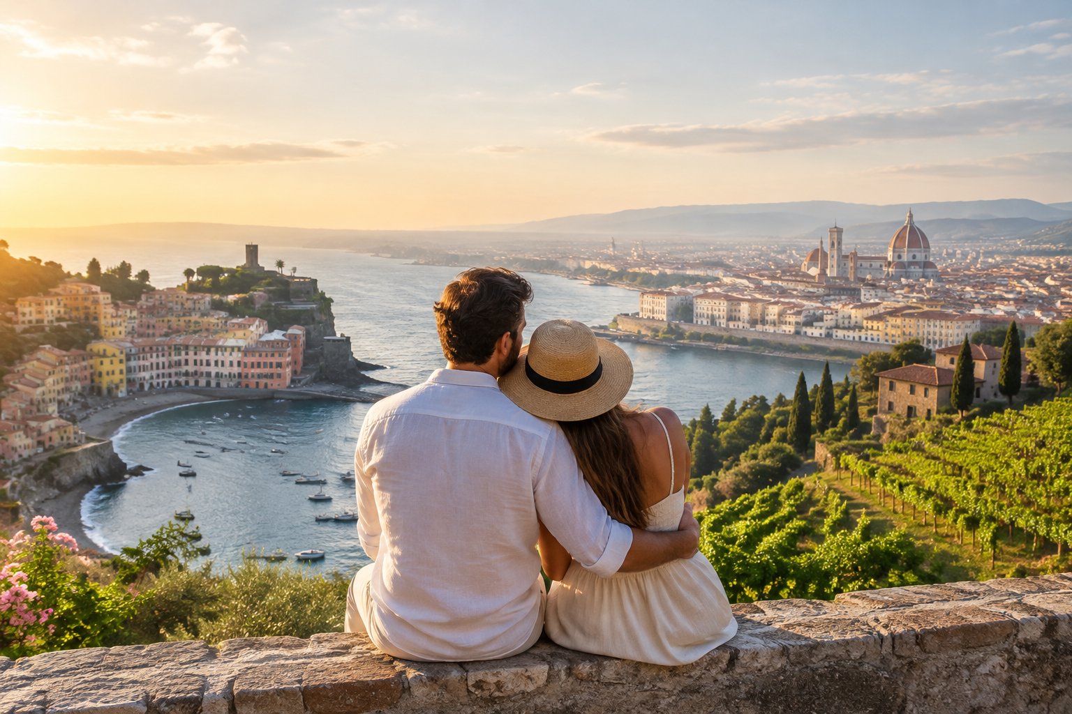 A newlywed couple looks out over a European coastline, city, and countryside.