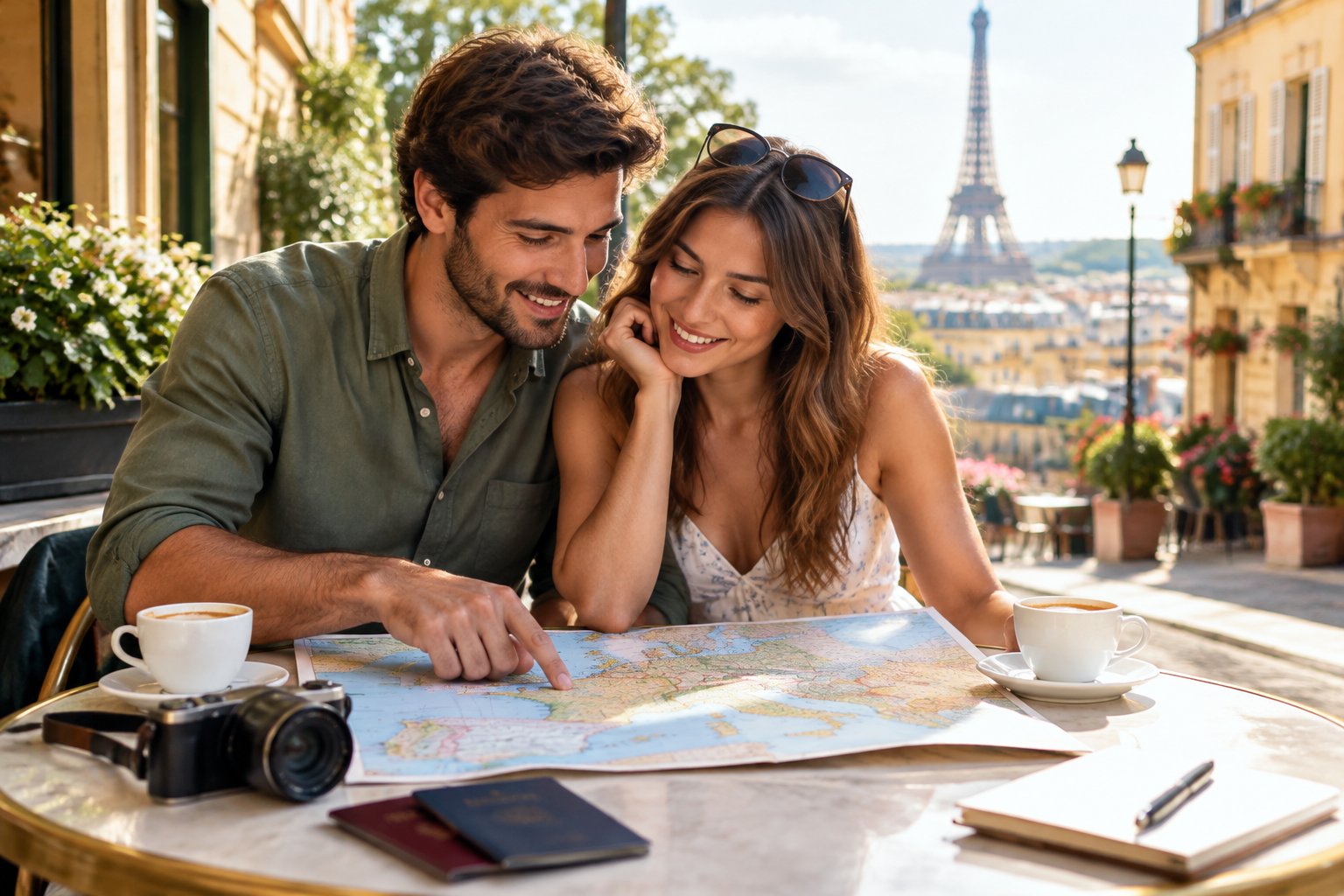 A newlywed couple reviews a map at a European café.