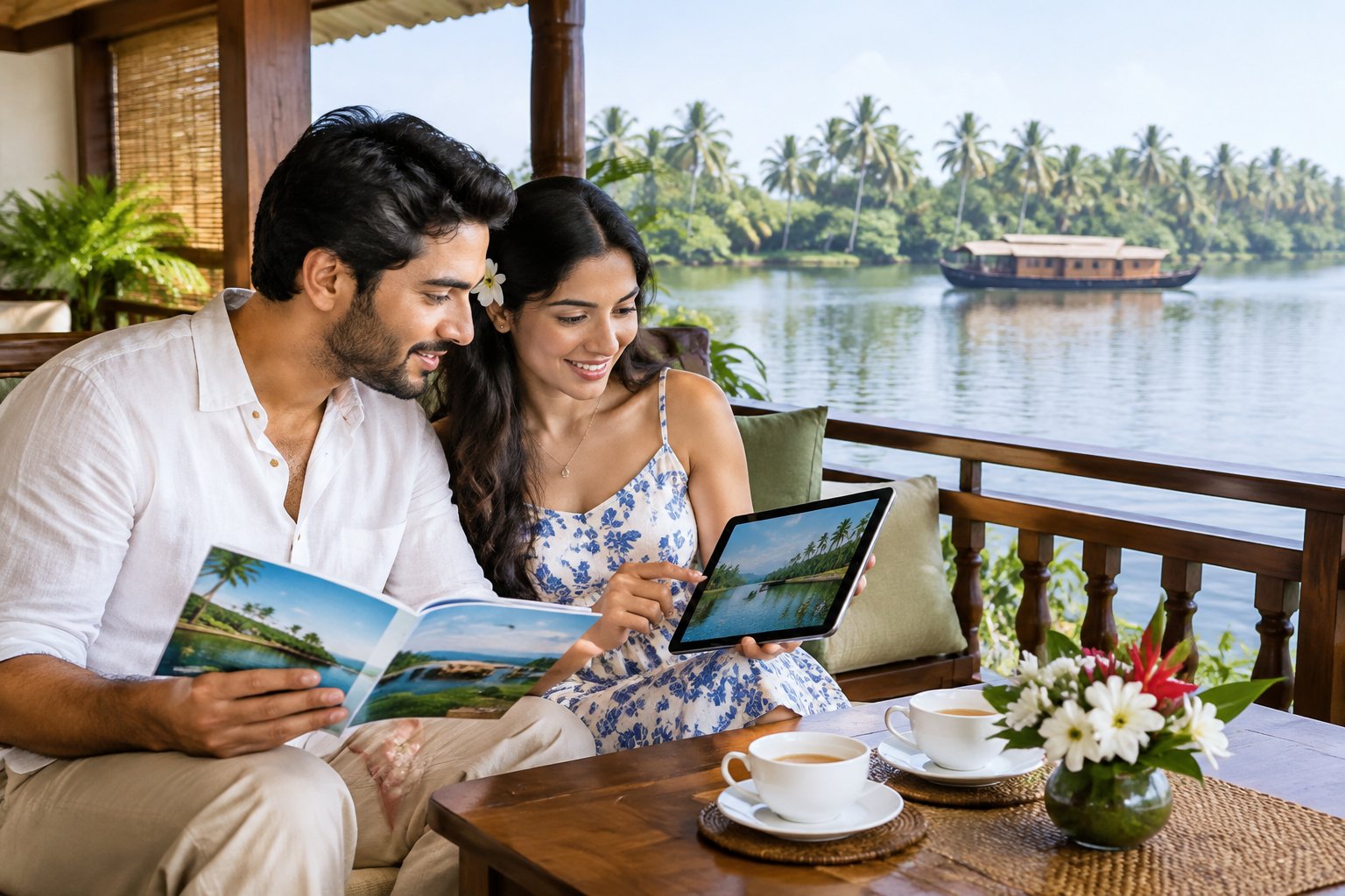A couple reviews travel options together at a resort overlooking Kerala backwaters.
