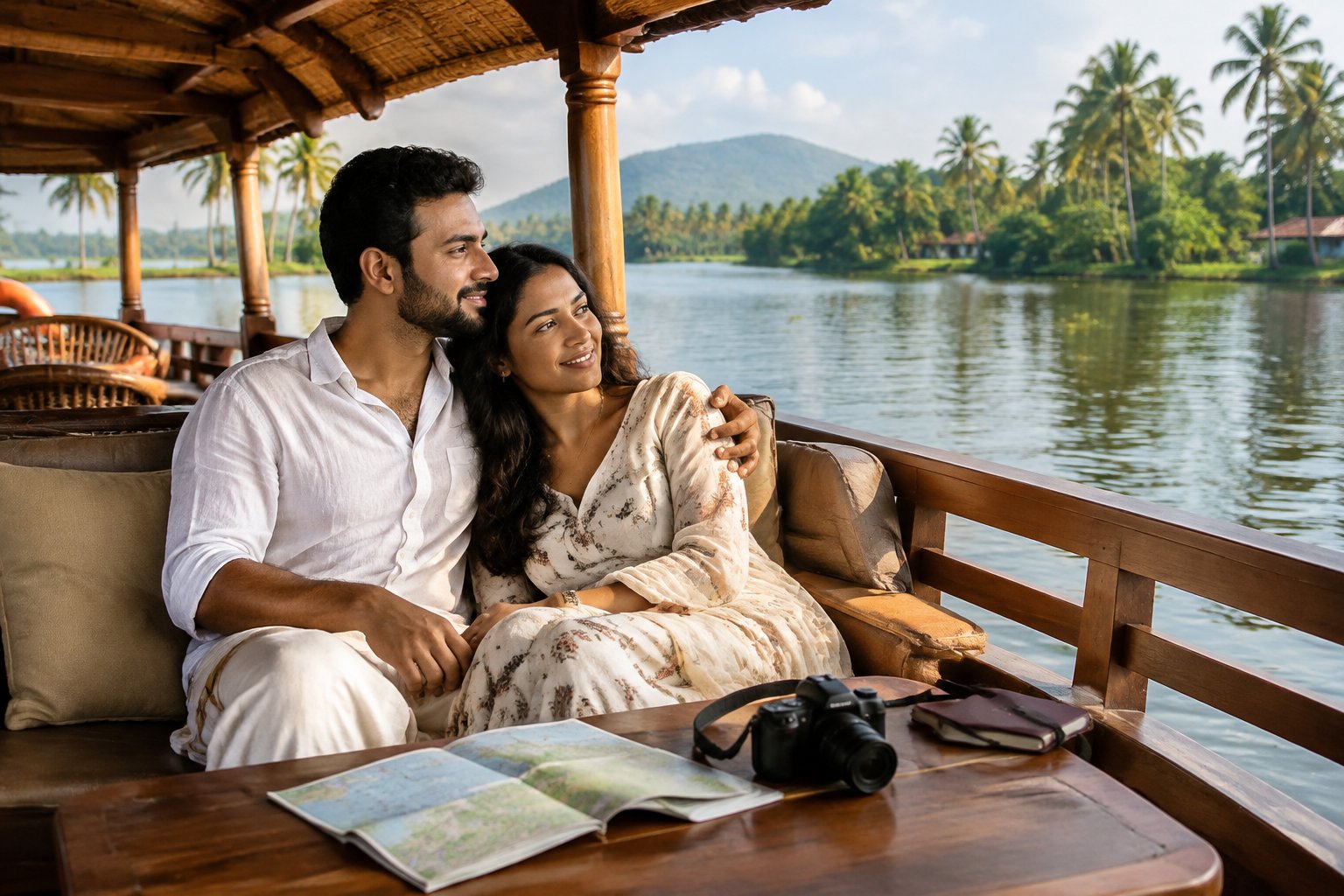 A couple shares a quiet moment on a houseboat in Kerala’s backwaters.