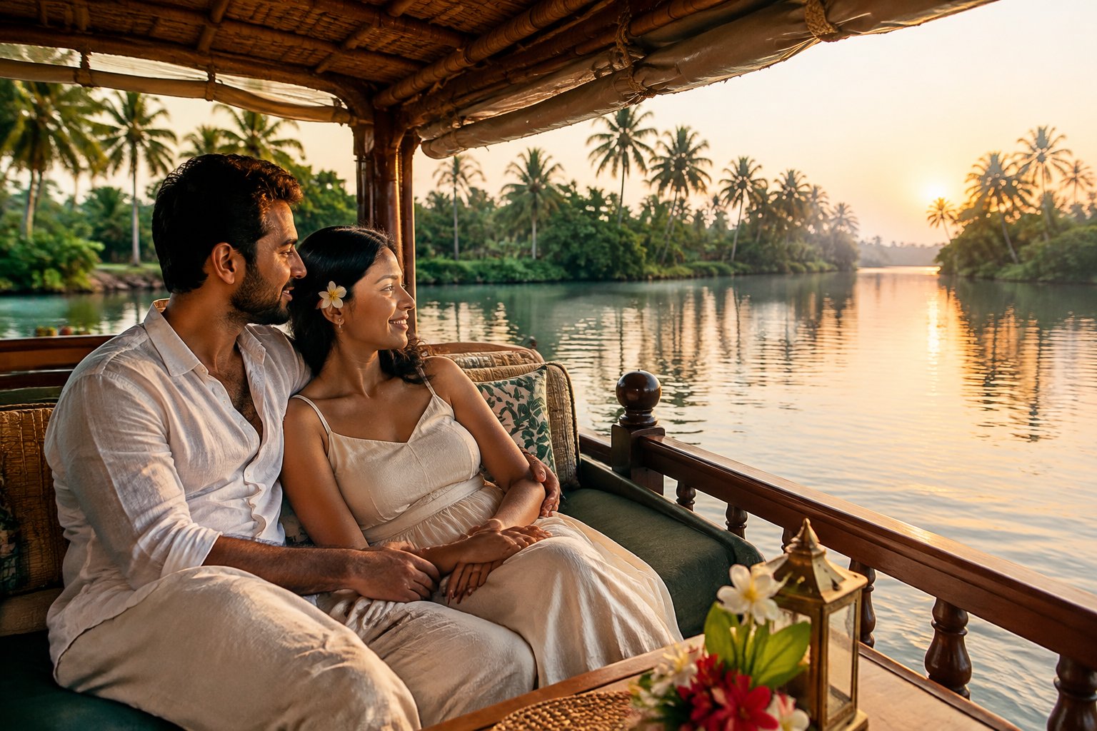 A couple shares a romantic moment on a houseboat in Kerala’s backwaters.