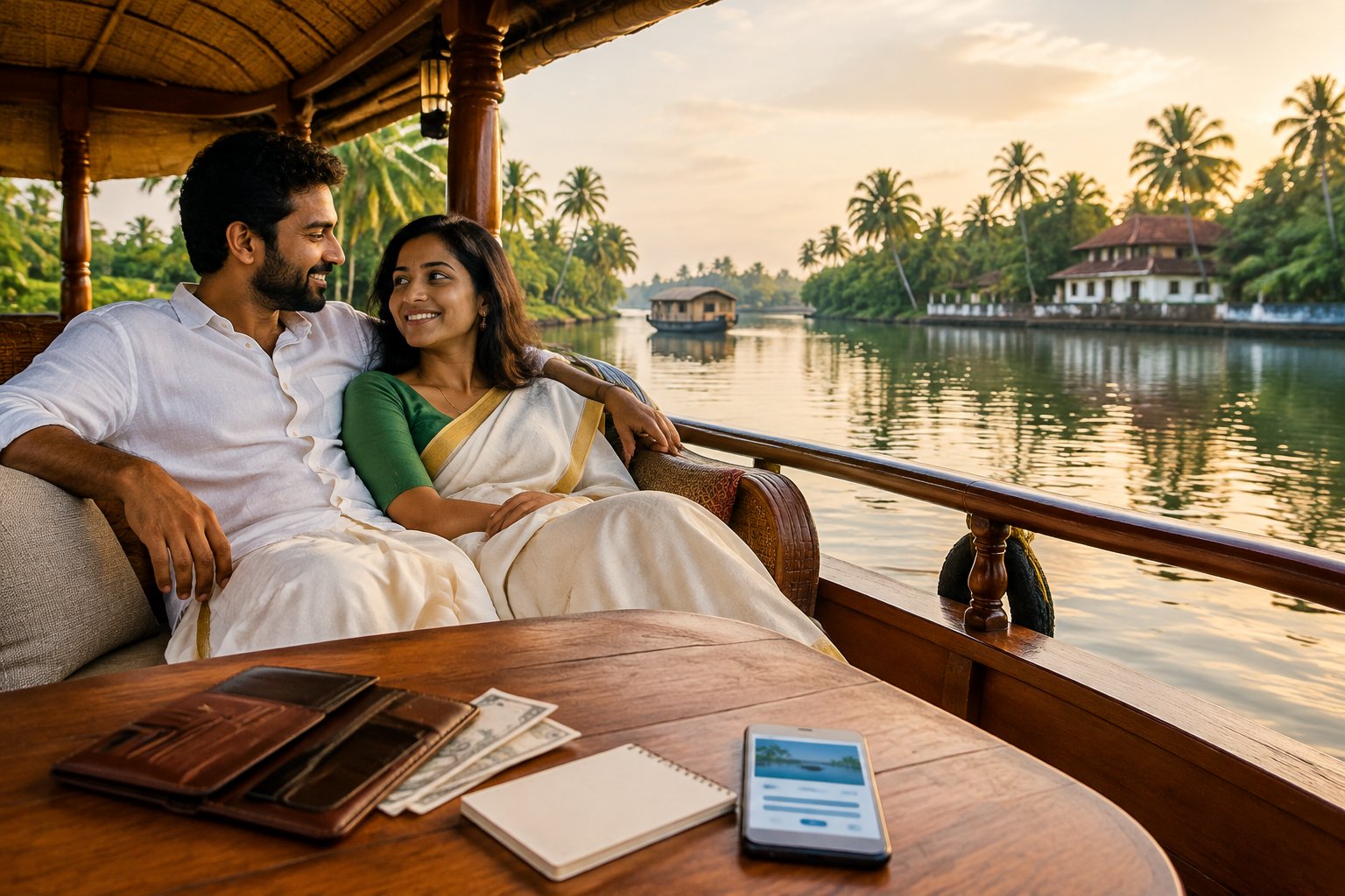 A newlywed couple rides a houseboat on Kerala’s backwaters.
