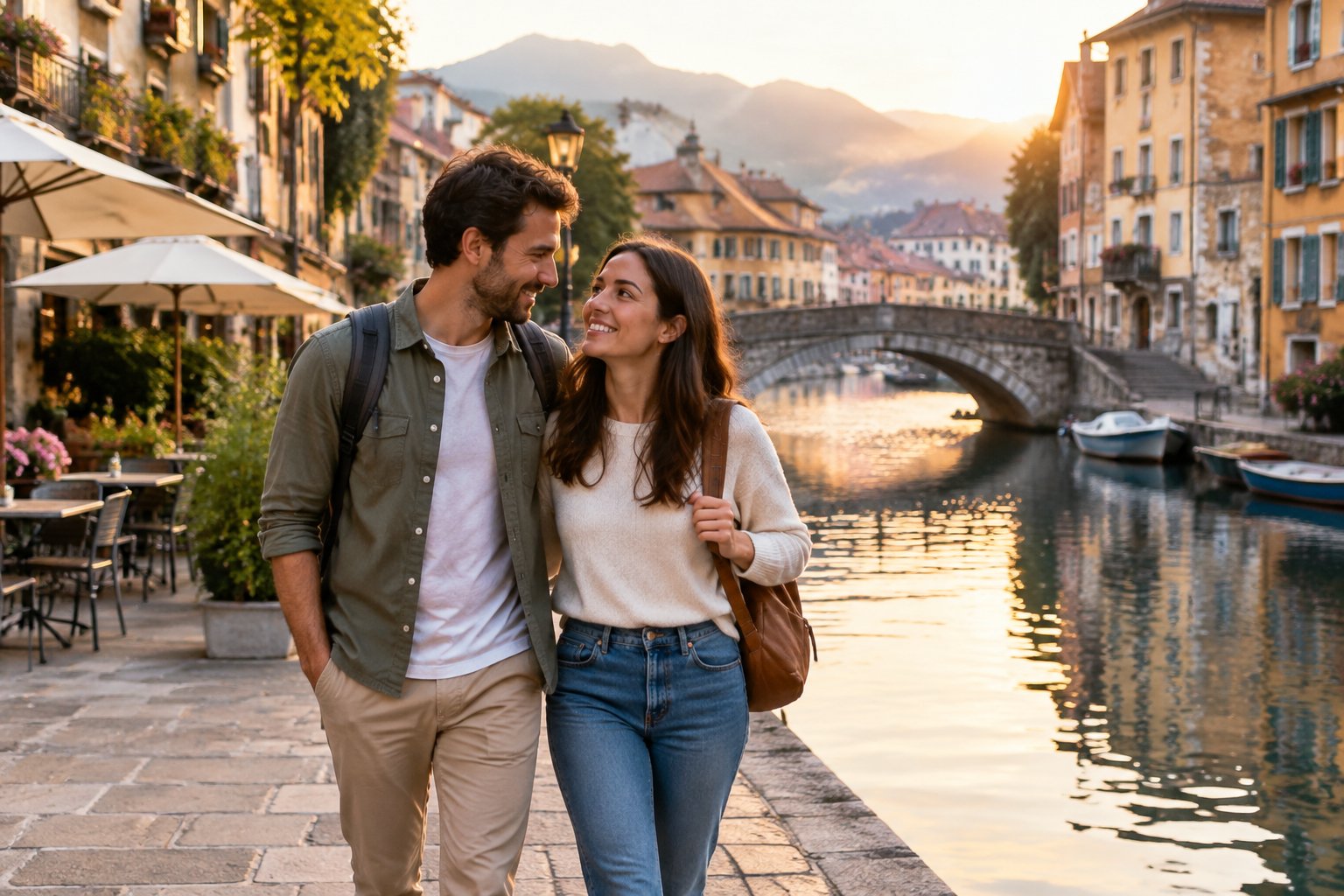 A couple strolls beside a canal in a charming European town.