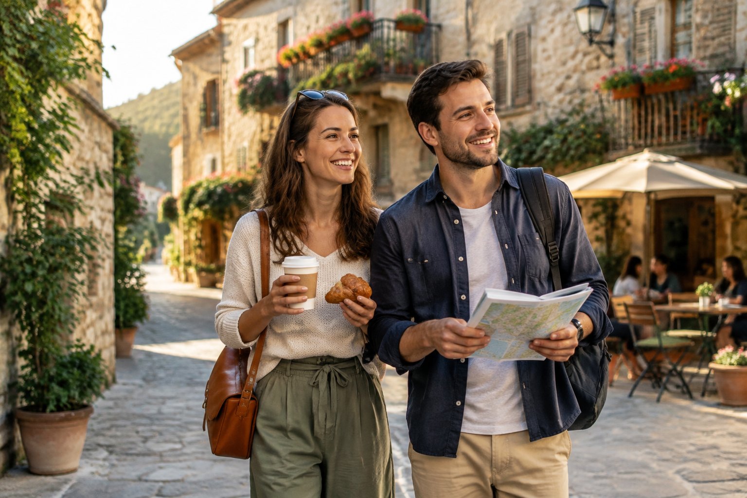 A newlywed couple strolls through a charming European street.