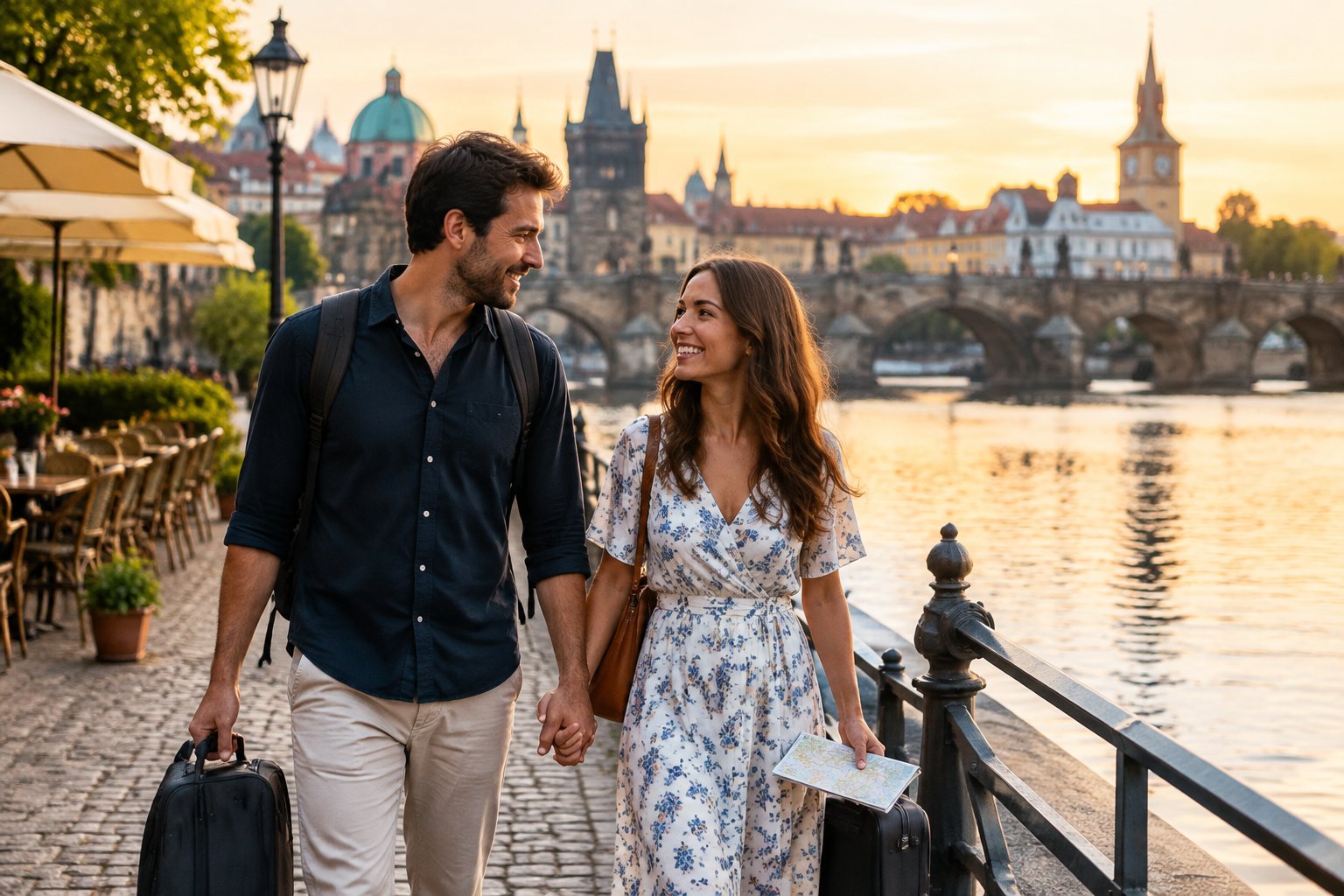 A newlywed couple strolls hand in hand beside a historic river in Prague.