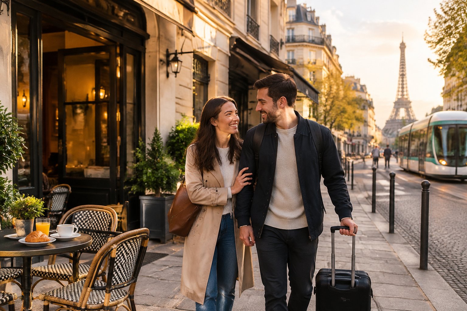 A newlywed couple strolls along a European street near a café and hotel.