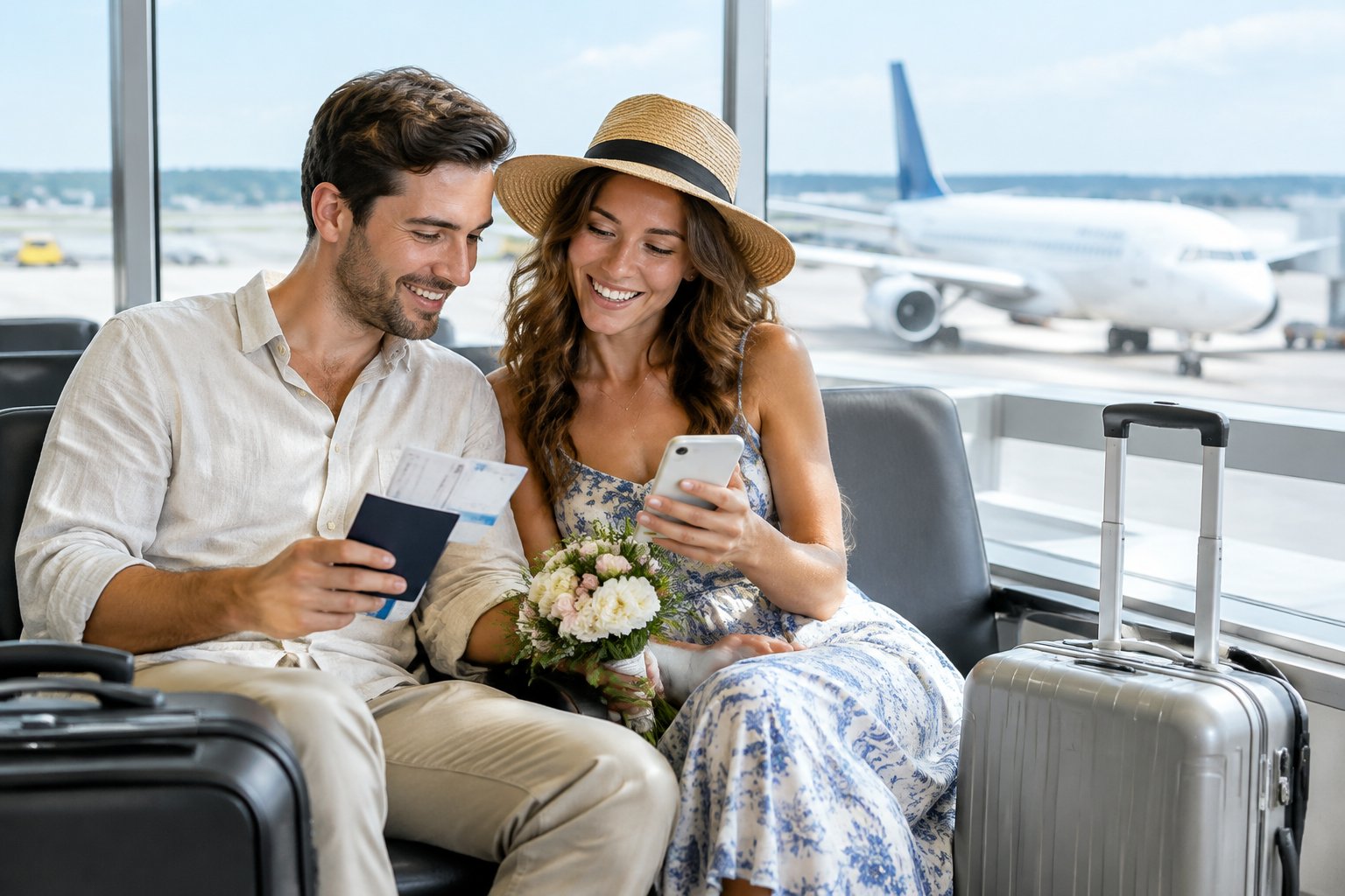 A newlywed couple reviews travel documents in an airport lounge with their luggage as a plane waits outside.