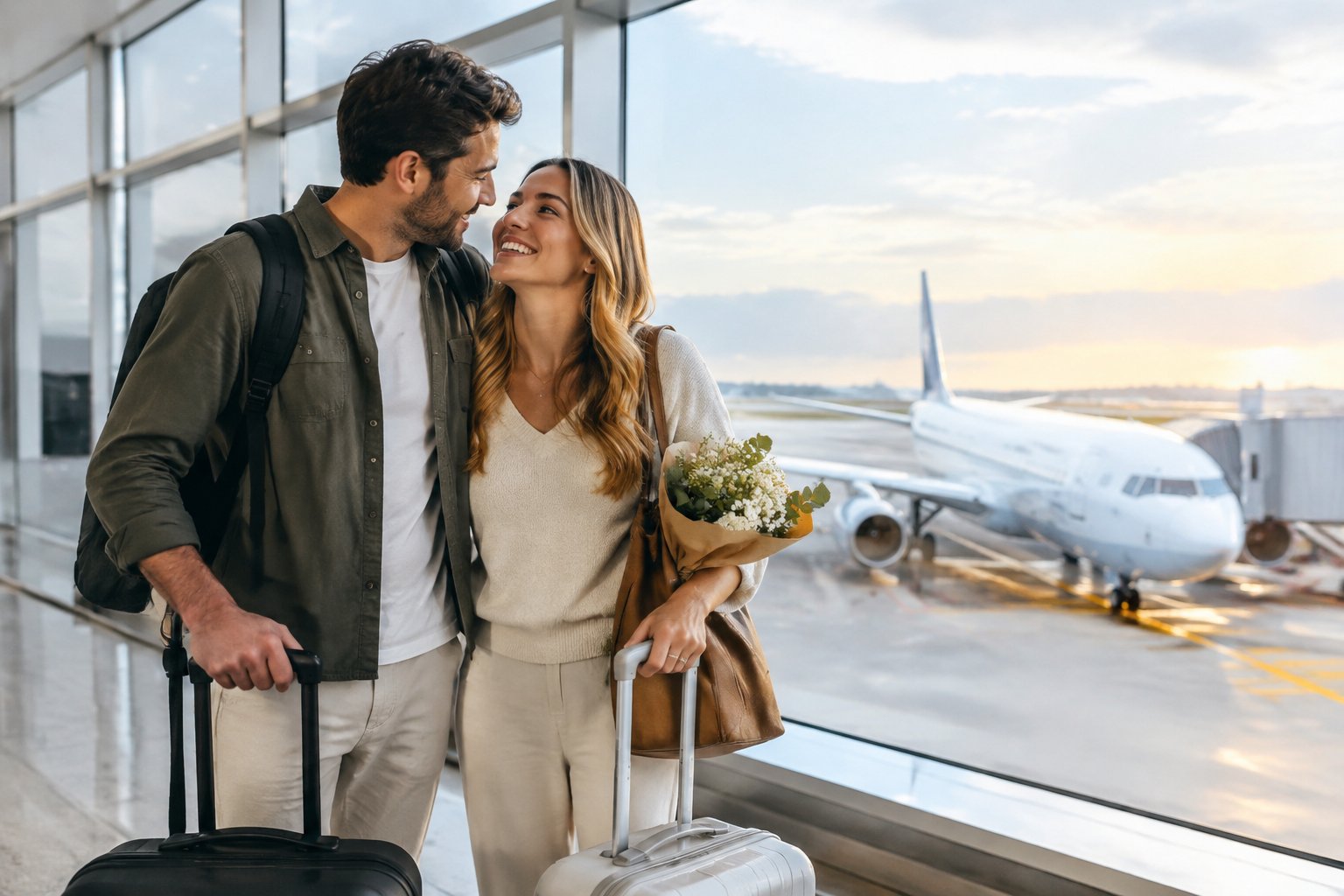 A newlywed couple with carry-on luggage watches an airplane from an airport terminal.