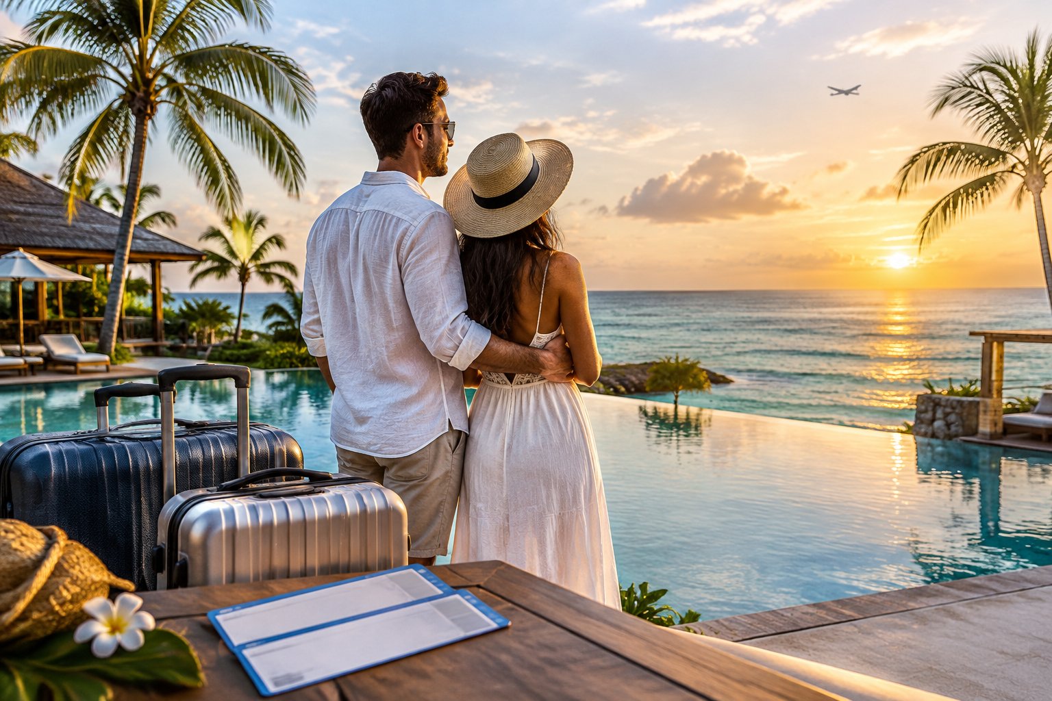 A newlywed couple stands beside suitcases at a tropical resort overlooking the ocean.