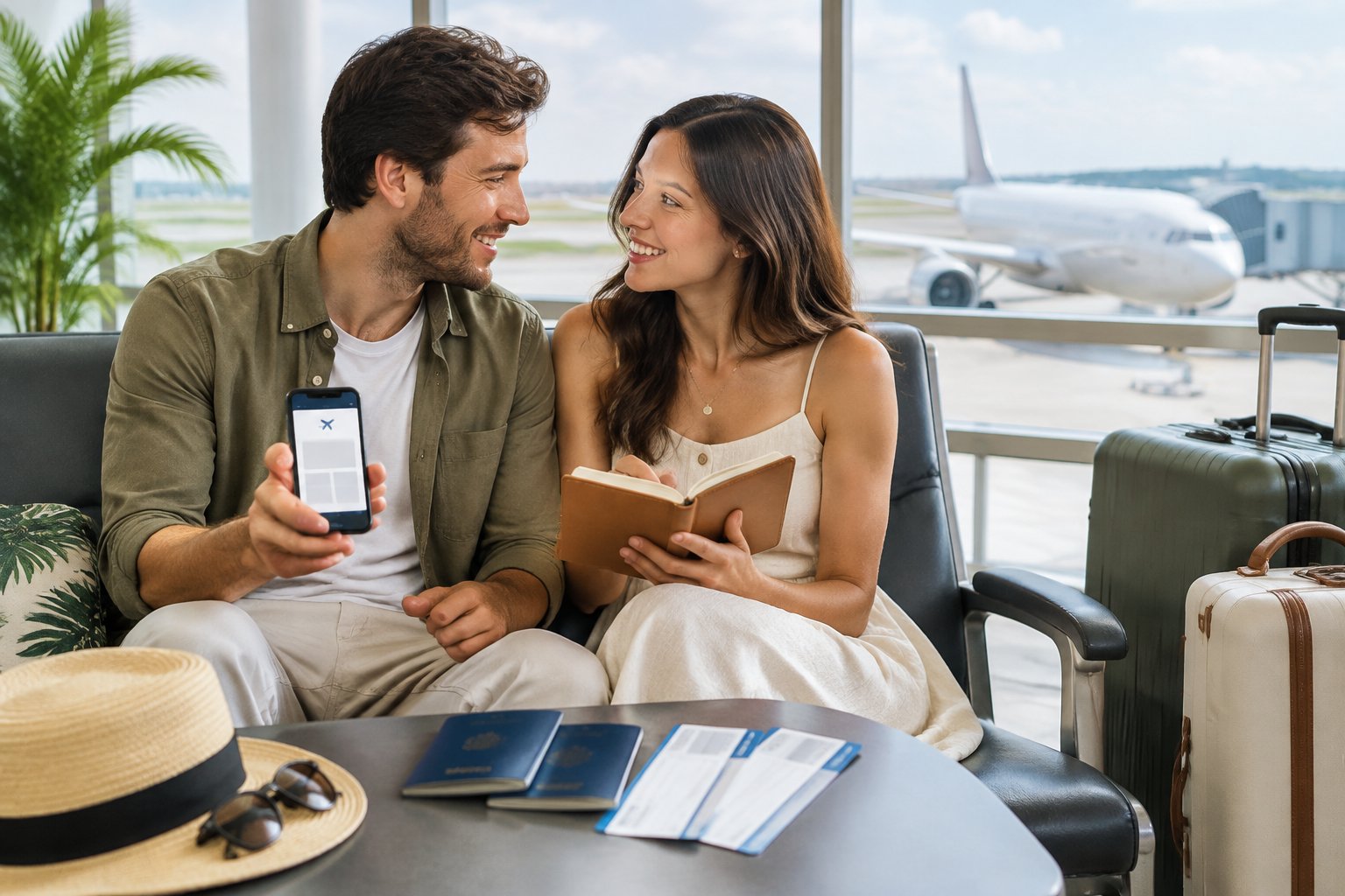 A newlywed couple reviews travel plans and luggage in an airport lounge.