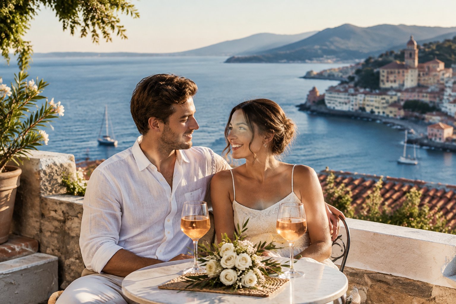 A newlywed couple shares a drink on a terrace overlooking a Mediterranean coastal village.