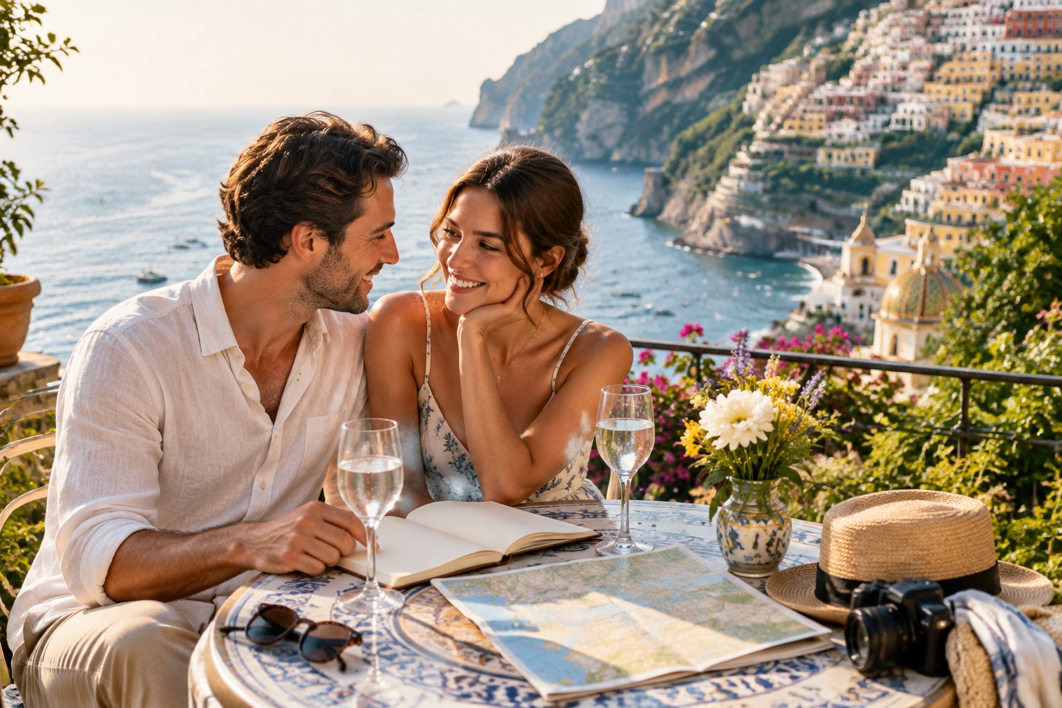 A newlywed couple plans their trip together at a seaside terrace overlooking the Mediterranean.