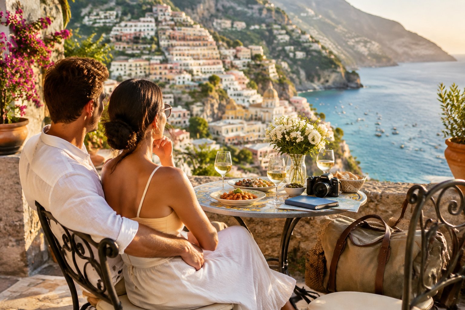 A newlywed couple sharing a meal on a terrace overlooking the Amalfi Coast.